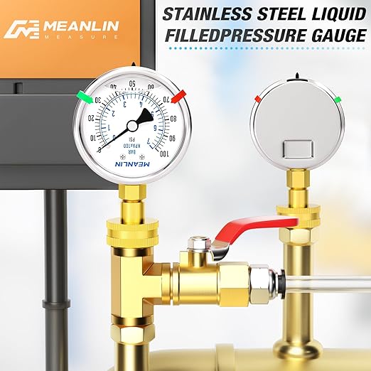 MEANLIN MEASURE 0~100Psi Stainless Steel Frame 3/4" Female 2.5" FACE DIAL Liquid Filled Pressure Gauge WOG Water Oil Air Water Pressure Test Table with Sealing Ring (with 2PCS Snaps)
