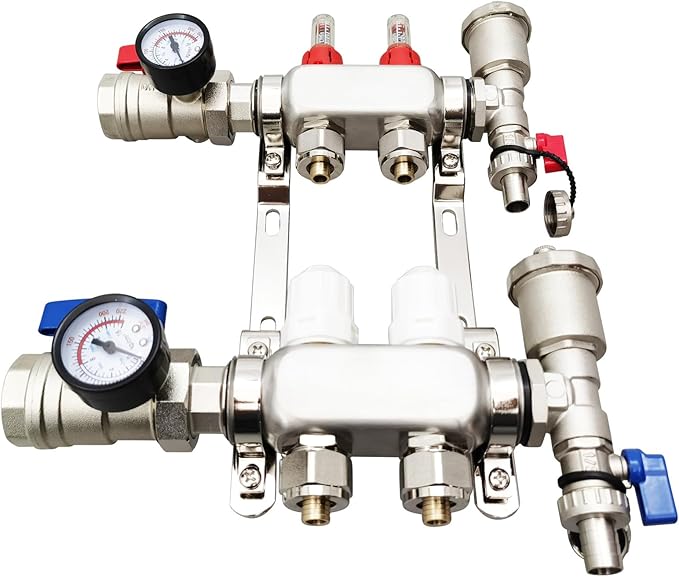 2 Branch PEX Radiant Floor Heating Manifold Set, Floor Heating Water Distributor 1/2" Pipe Adapter 304 Stainless Steel and Brass, for Heating Systems