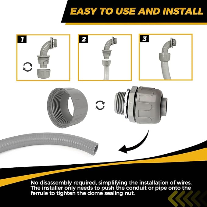 Conduit Connectors, 3/4 Inch Liquid Tight Connector NPT Non-Metallic for PVC Electrical Flexible Conduit Fittings, 5 Straight and 5 Angle 90 Degree, UL Listed, Grey (10-Pack)