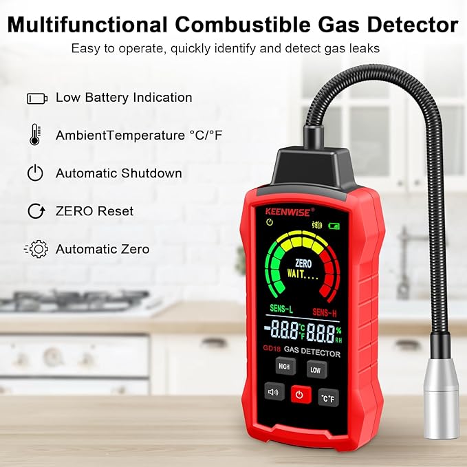 Natural Gas Detector, Gas Leak Detector with Audible & Visual Alarms, Gas Concentration Display, Locating Propane, Natural Gas, Combustible Gas Leak for Home and RV (Includes 3 Batteries)