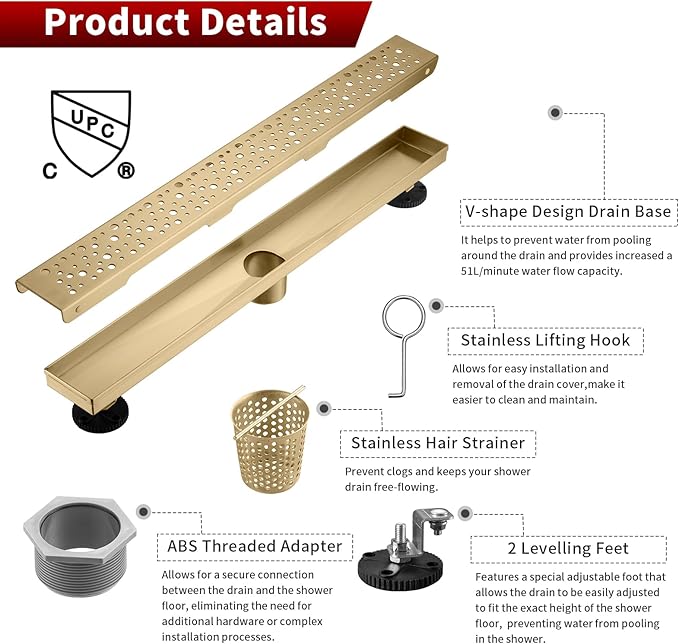Sharp-tec 32 inch Linear Shower Drain, Gold Rectangular Floor Drain, V-Shape Design Drain Channel, 304 Stainless Steel, cUPC Certificated for Bathroom Shower Room (Drain Base is Not Included)