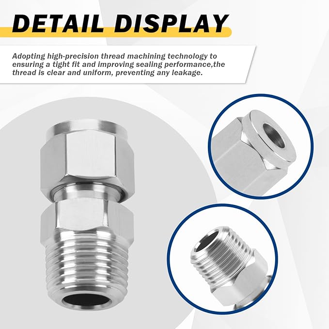 Yoebor Stainless Steel 304 Compression Tube Fitting Straight Adapter Connector with Double Ferrules 3/8" OD x 1/2" NPT Male, Pack of 2
