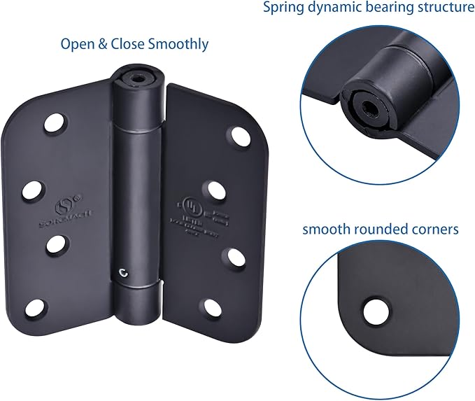 3 Pieces Self Closing Door Hinges 4 inch Matte Black Auto Close Hinge Adjustable 4 x 4 Inch Spring Hinges 5/8" Radius Corner Commercial Door Closer Hinge