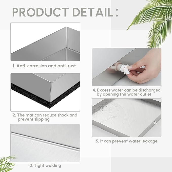 Tandefio 28" x 30" x 2.5" Washing Machine Drain Pan Washing Machine Tray for Floor Protection Heavy Duty 304 Stainless Steel Dishwasher Leak Pan with Drain Hole and Anti-slip Bottom Pad