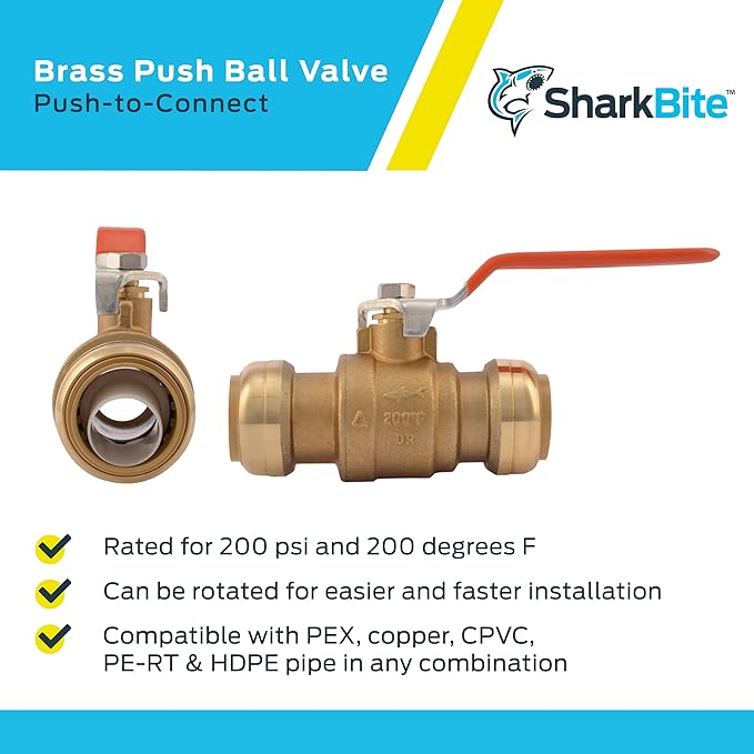 SharkBite 1 Inch Ball Valve, Push to Connect Brass Plumbing Fitting, Water Shut Off, PEX Pipe, Copper, CPVC, PE-RT, HDPE, 22223-0000LFA
