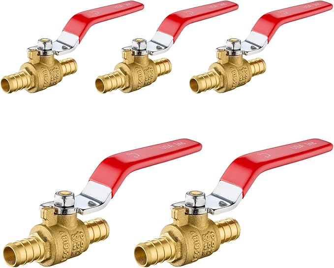 5-Pack Foskan 1/2 Inch PEX Crimp Full Port Ball Valve with Red Handle, Brass Quarter Turn Shut-off Valve for PEX Tubing