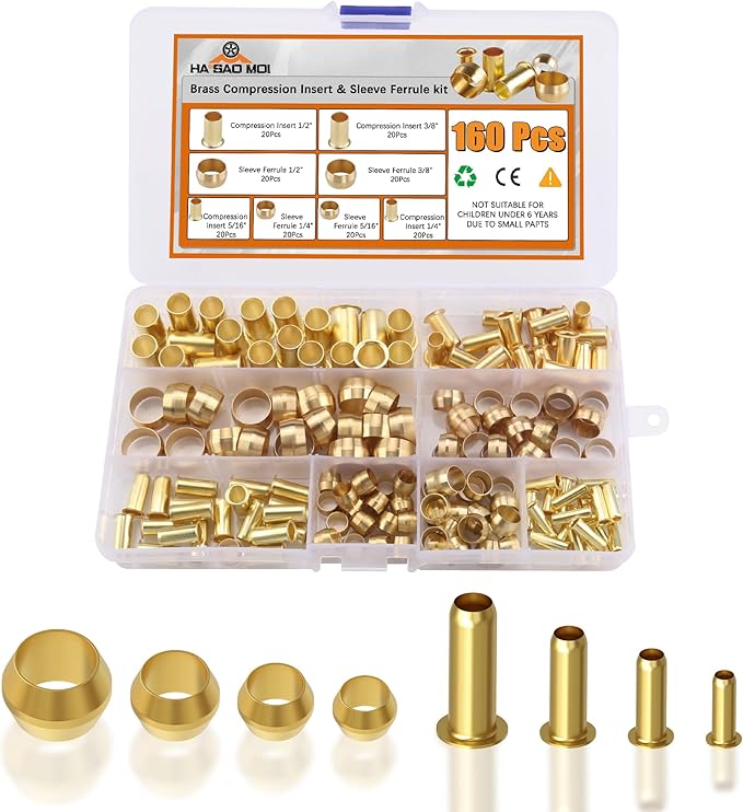 160 PCS Compression Fittings Assortment kit - 4 Sizes (1/4", 3/8", 5/16", 1/2") of Brass Compression Sleeve Ferrule & Insert - Used to Connect Lines for air,Water,Fuel,Oil and inert Gases