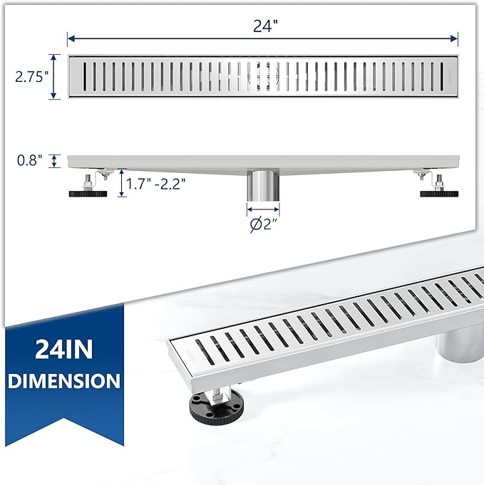 Neodrain 24" Brushed Linear Shower Drain Shower Linear Drain, Removable Capsule Pattern Grate, Bathroom 304 Stainless Steel Rectangle Shower Floor Drains- CUPC Certified