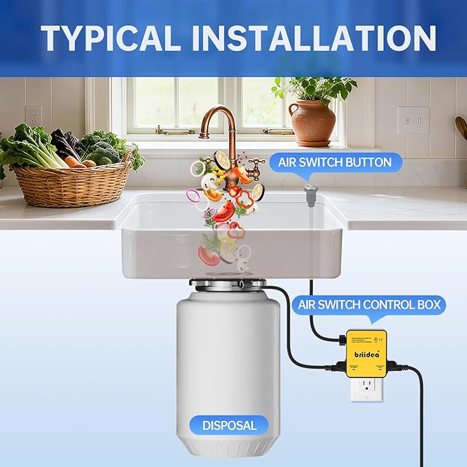 Garbage Disposal Air Switch Kit Dual Outlet Sink Top Waste Disposal Stainless Steel Brushed Nickel On/Off Air Button Food and Waste Disposals Part by Briidea, UL Listed