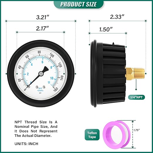 0-160PSI Stainless Steel Liquid Filled Pressure Gauge, 2.5" Dial Size, 1/4" NPT Back Mount, with Rubber Protective Sleeve, for Tube, Water Pump, Gas, Liquid, Pressure Test