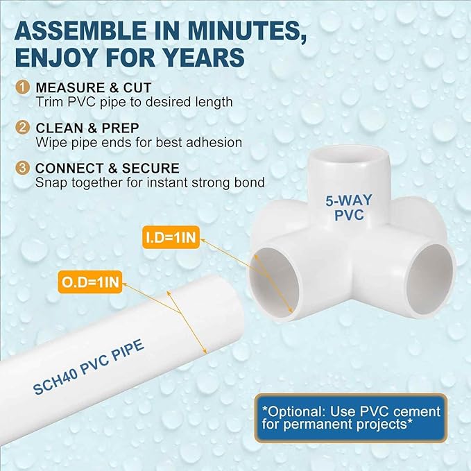 10 Pack 1" SCH40 PVC Elbow Pipe Fitting, 5-Way PVC Elbow Corner Side Outlet Cross Fitting, Furniture Grade Pipe Connectors for DIY Project, Pond Protection, Socket x Socket, White