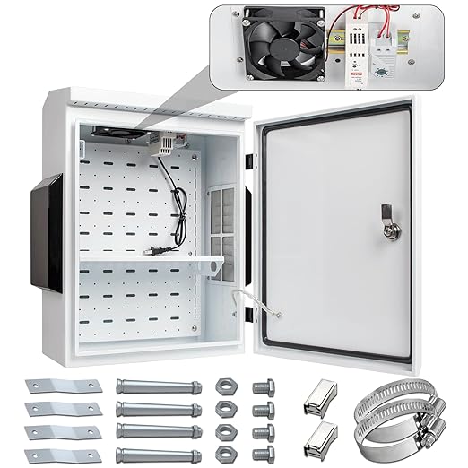 Outdoor Electrical Box with Thermostat and Fan, Cold-Rolled Steel Plate, Aluminum Alloy Back Beam, One-Piece Ventilation Design, IP65 Waterproof, Wall/Pole Mounted. (19.6" x 15.7" x 7.9")