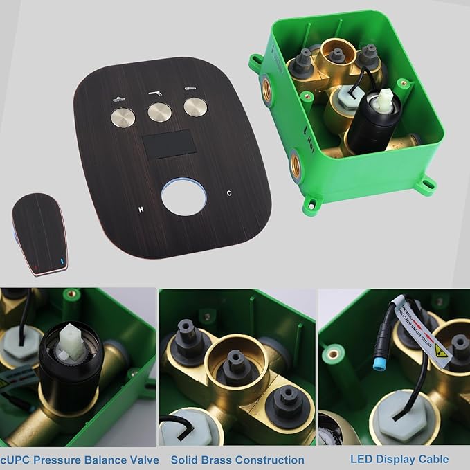 Solid Brass 3 Way Temperature Display Shower Diverter Valve Oil Rubbed Bronze Shower Mixer Valve with Flow and Temperature Control Shower Handle Mixer Rough-In Valve and Trim Kit Replacement
