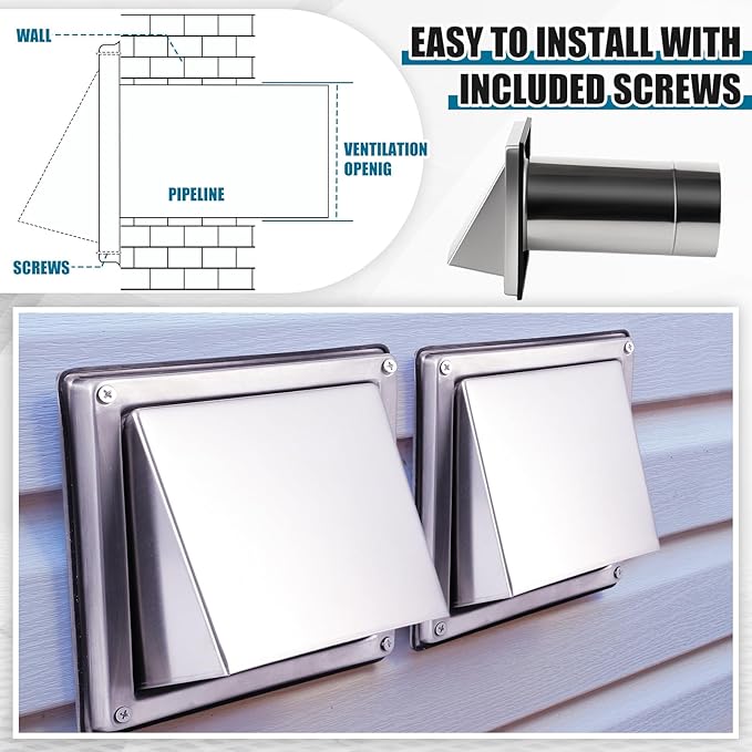 Gisafai 4" Outside Dryer Vent Cover for Exterior Walls Exhaust Vent Cap with Removable Extension Pipe Stainless Steel Hood Cushioned Non Return Flap with Sealing Gasket Grille Screen
