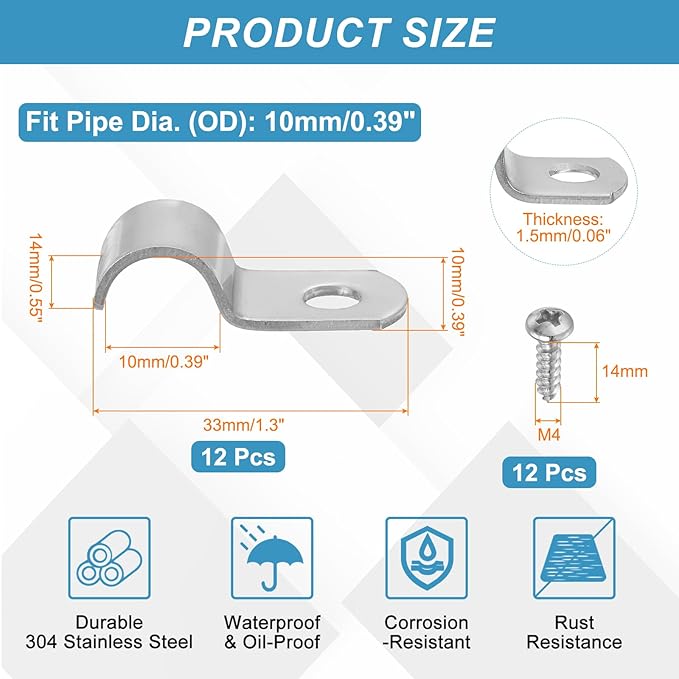 uxcell 12Pcs 10mm(3/8") One Hole Rigid Pipe Strap, 304 Stainless Steel Conduit Clamp Thicken U Bracket Heavy Duty Pipe Clamp with Self-Tapping Screws for Fixing Tube Cable, Silver