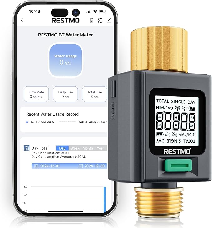 RESTMO Smart Water Flow Meter with Screen Backlight, Brass Inlet & Outlet, Measuring Gallon/Liter Consumption & Flow Rate for Garden Watering, RV Filling, Sprinklers & Nozzle - APP Control