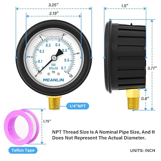 MEANLIN MEASURE 0~10Psi Stainless Steel Liquid Filled Pressure Gauge 1/4" NPT 2.5" FACE DIAL with Rubber Protective Sleeve, Lower Mount
