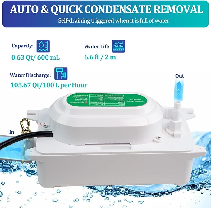 Condensate Pump, 6.6 ft/2 m Lift, 110V, 5W AC, 100 L/H Flow, Air Conditioner, Commercial Ice Makers, White