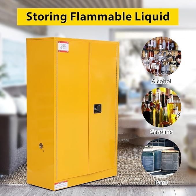 Flammable Storage Cabinet 43" x 18" x 65", 45 Gallon Galvanized Steel Flammable Liquid Storage Locker with 2 Adjustable Shelves & Manual-Close Doors, OSHA Compliant Industrial Hazardous Storage, Yell