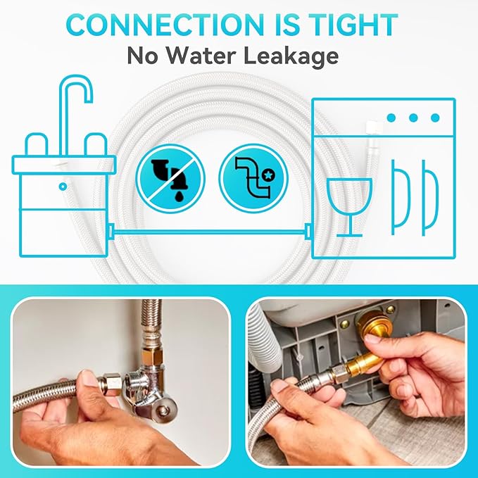 Klabb Dishwasher Installation Kit 10 FT,Premium Stainless Steel Braided Dishwasher Hose kit,Leak-Free Hose,Easy Setup,dishwasher water supply line,3/8" Comp x 3/8" Elbow & All Fittings Included