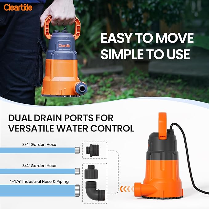 Cleartide Submersible Sump Pump, 1/4 HP Utility Water Pump for Pool Draining, Hot Tub, Basement,100% Copper Motor, Electric Drain Pump Handles 1/8" Solids, 10 FT Cord