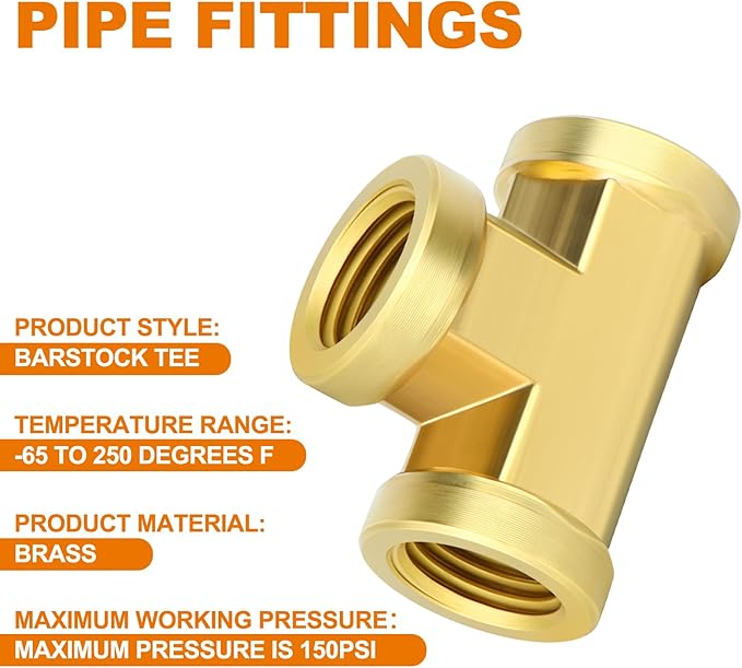 GASHER 5 Pcs Brass Tee Fitting, 3/8" x 3/8" x 3/8" NPT Female Pipe Fittings