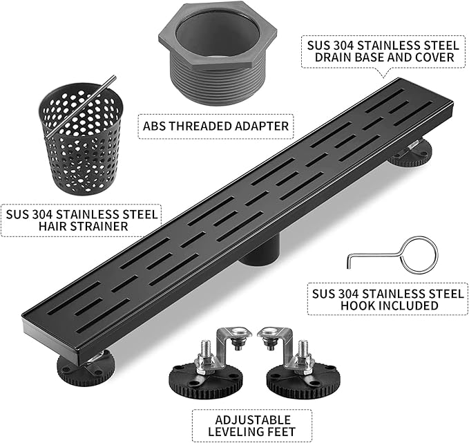 Linear Shower Drain, Matte Black Shower Drain 28 Inch with Removable Grate, SUS-304 Stainless Steel Rectangle Floor Drain with Leveling Feet and Hair Strainer, Bathroom Modern Drain SD-101