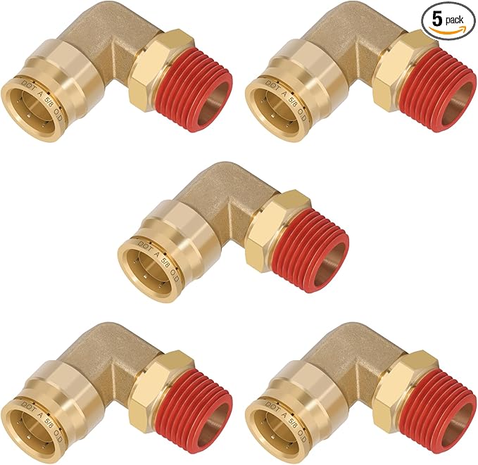 5/8" Quick Push to Connect Fittings Brass 90 Degree Union Swivel Elbow Joint DOT Approved 5/8" Tube OD x 1/2" NPT Thread Air Brake Line Adapter Air Suspension Kit for Car Truck Trailers 5pcs