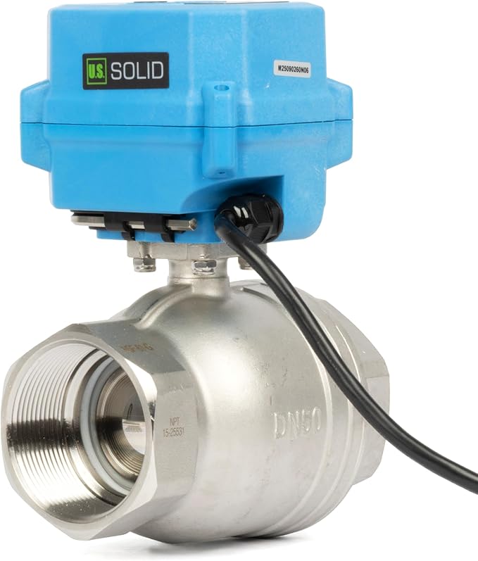 U.S. Solid 2" Motorized Ball Valve with US Plug 110VAC 304 Stainless Steel Electrical Ball Valve, Auto Return, Normally Closed, NSF Certified, IP67