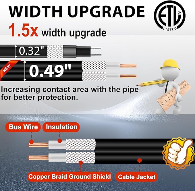 HEATIT Heat Tape Electric Heating Cable Automatic Heat Tape Pipe Freeze Protected Heated Cable 14 Feet