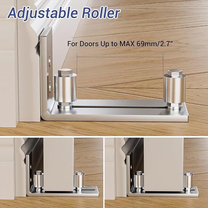 2 Pack Barn Door Bottom Floor Guide, Adjustable Roller Wall Mounted Stainless Steel Sliding Door Guides for Door Thick Up to 2 1/8"