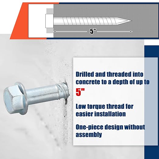 Tandefio 60 Pack 1/2" x 5" Concrete Screw Anchor Galvanized Large Diameter Heavy Duty Plated Concrete Anchors for Masonry Brick Anchoring Block Decking Framing Hex Drive