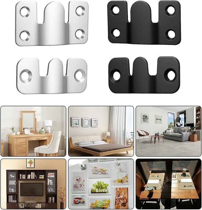 4 Pairs Flush Mount Bracket with Screws Stainless Steel Heavy Duty Photo Frame Hook Furniture Connector Art Gallery Wall Mount Hardware for Hanging Large Picture Display (Silver, Black)