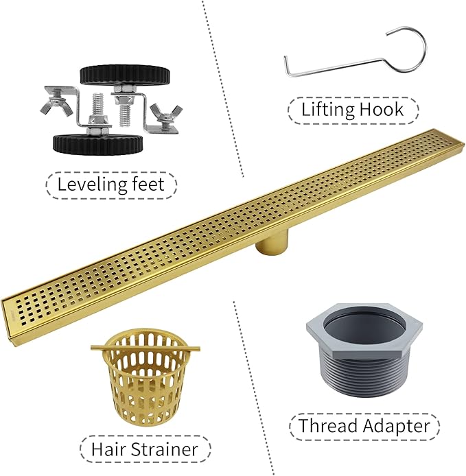 Linear Shower Drain 36", 304 Stainless Steel Floor Drain with Grid Drain Cover & Hair Strainer, Rectangular Shower Drain w/CUPC Certified, Brushed Gold
