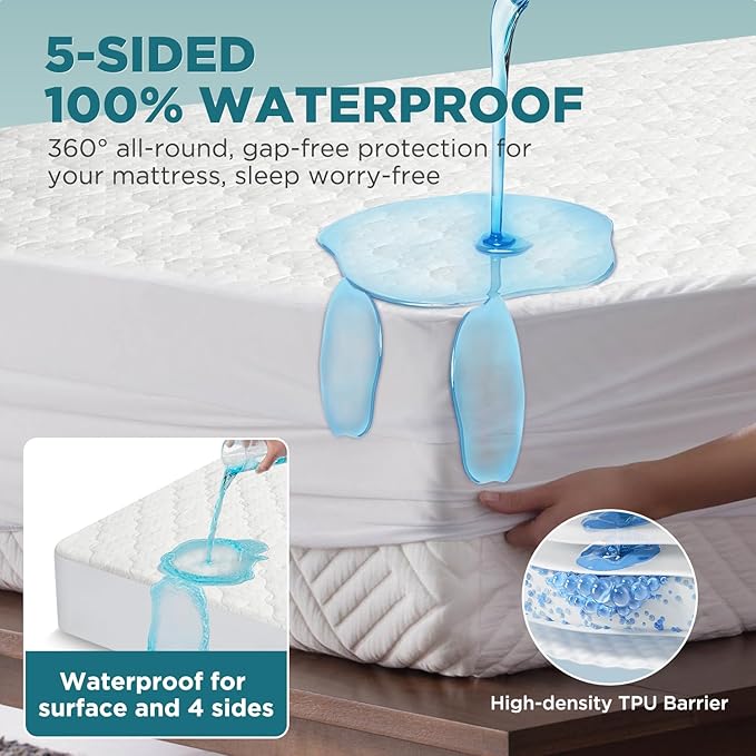 5-Sided Waterproof Mattress Protector, Twin Size Quilted Bamboo Rayon Mattress Cover, Breathable Cooling Noiseless Bed Fitted Sheets, Soft Bedding Pad with Deep Pocket Up to 18"