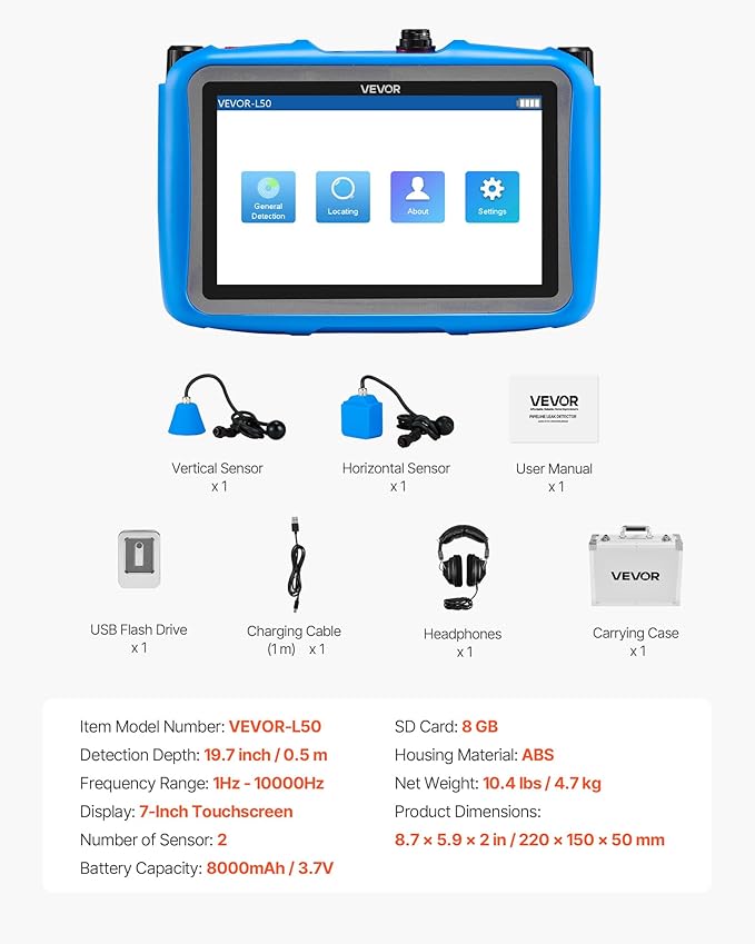 VEVOR Pipe Water Leak Detector for Indoors, 1Hz-10000Hz, 7" Touchscreen Plumbing Water Leakage Detection Locator with Horizontal & Vertical Sensors, Headphones, 8GB SD Card & Carry Case for Home Use