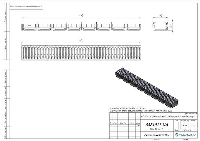 Vodaland - 4 Inch Easy 2 Premium Trench Drain Channel - Galvanized Stamped Steel Grating (5)