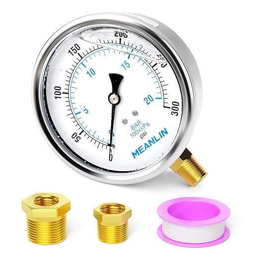 MEANLIN MEASURE 0~300Psi Stainless Steel 1/4" NPT 4" FACE DIAL Liquid Filled Pressure Gauge WOG Water Oil Air Lower Mount, with 1/4" x 1/2" NPT and 1/4" x 3/8" NPT Hex Bushing