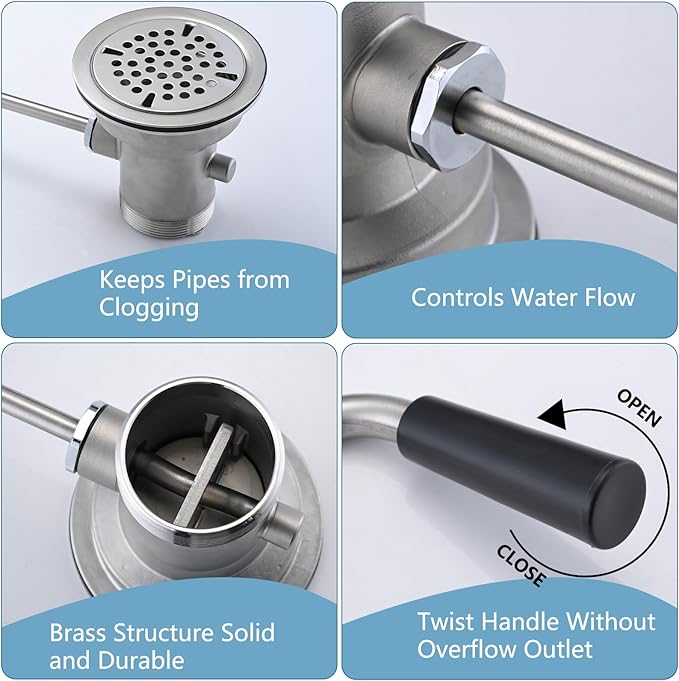 3-1/2 Inch Sink Drain Assembly Kit, Commercial Sink Drain with Twist Handle for Easy Controll - Prevent Sink Clogged