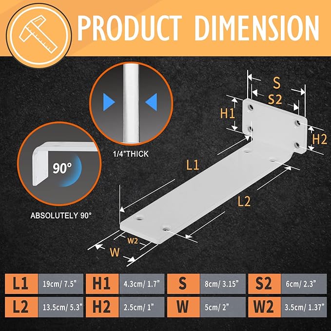 CLT Shelf Bracket( White) , 8” Quarter Inch (1/4") Thick- Max Load: 220 lb Rustic Industrial Modern Farmhouse Heavy Duty Bracket for DIY Table Bench, Pack of 6
