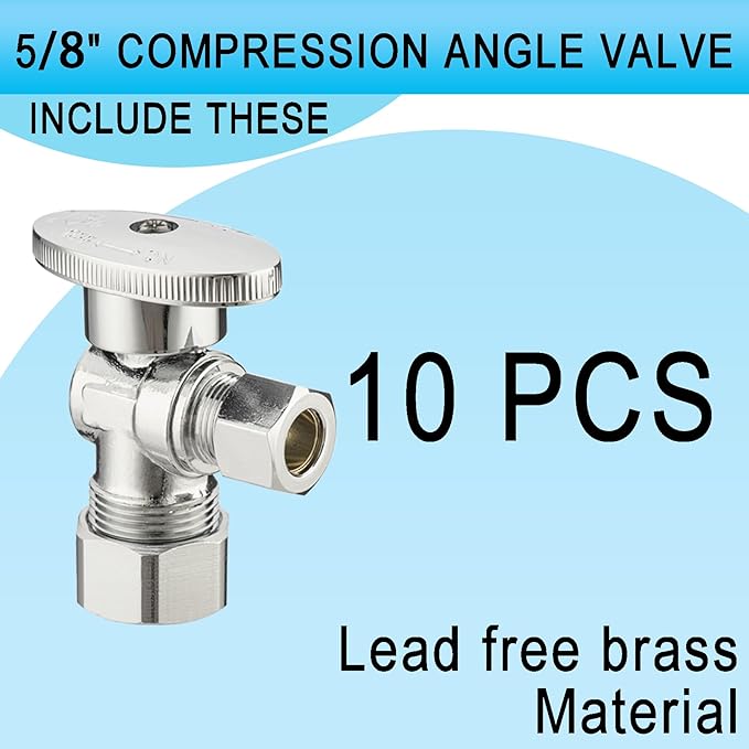 (10 Pack) Asterbacks Toilet Sink Shut Off Valve 5/8" Compression x 3/8" Compression Quarter Turn Water Angle Stops Valve