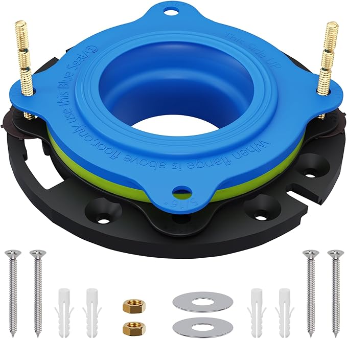 Toilet Flange Repair Kit- Include Flange & Elastic Wax Ring Gasket with Brass Bolts and Hardware, Universal Rubber Toilet Wax Ring Replacement Kit, Better Than Wax Toilet Seal