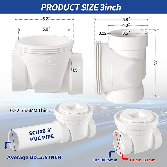 3" White PVC Backwater Valve, Sewage and Rainwater Backflow Preventer