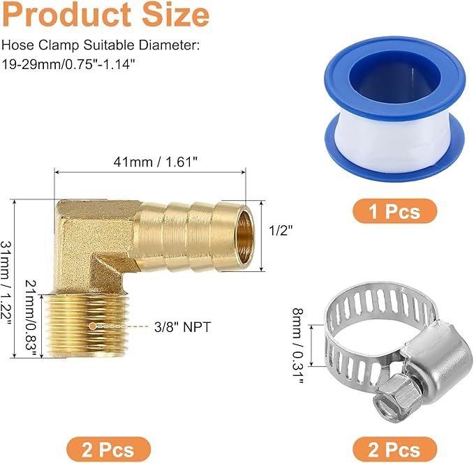 uxcell 2Pcs Brass Hose Barb Fittings, 1/2" x 3/8" NPT 90 Degree Elbow Hose Connector with Hose Clamps for Water Fuel Gas Oil Transportation