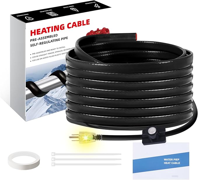 30FT Heat Cable for Water Pipes, Prevent Freezing & Easy Installation, Water Pipe Heat Cable With Thermostat Self-Regulating, Pipe Heating Trace System 120 V