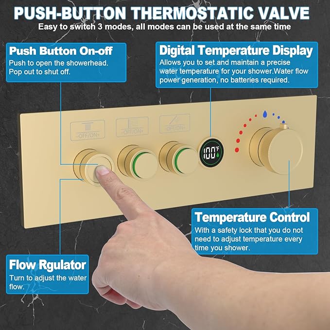 Enga 3-Function Shower Mixing Valve, Temperature Display Push-Button Thermostatic Valve with Flow Volume Control, Brushed Gold
