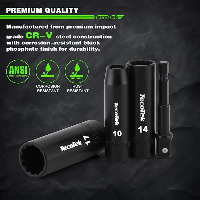 14 Pieces 3/8-Inch Drive Impact Socket Set, 12-Point, Metric, Deep, CR-V, 7mm to 19mm, Drill Socket Adapter 3/8"