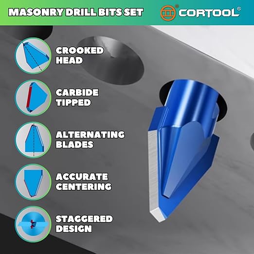 Masonry Drill Bits Set, Drill bits for Tile, Brick, Plastic, Cement, Wood, Glass & Soft Metal, 10Pcs Crooked Head Eccentric Drill Bit Set, Size 5/32",3/16",1/4" x5,5/16",3/8",1/2", Concrete Drill Bit