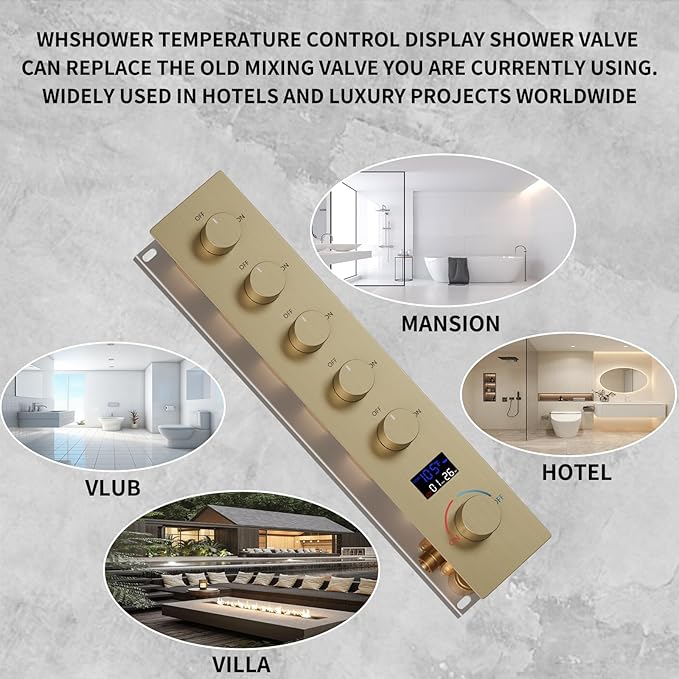 Solid Brass 5 Way Shower Diverter Valve with Temperature Display Shower Mixer Valve Bathroom Shower Diverter Replacement,Brushed Gold