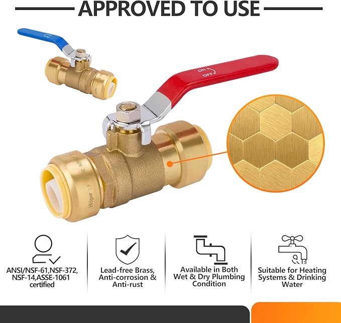 HeSun 4-PCs 3/4 Inch Push Fit PEX Ball Valve, Push-to-Connect Full Port Shut-off Valve for Hot and Cold Water,with 1 Disconnect Clip, PEX,Copper,CPVC, Blue & Red